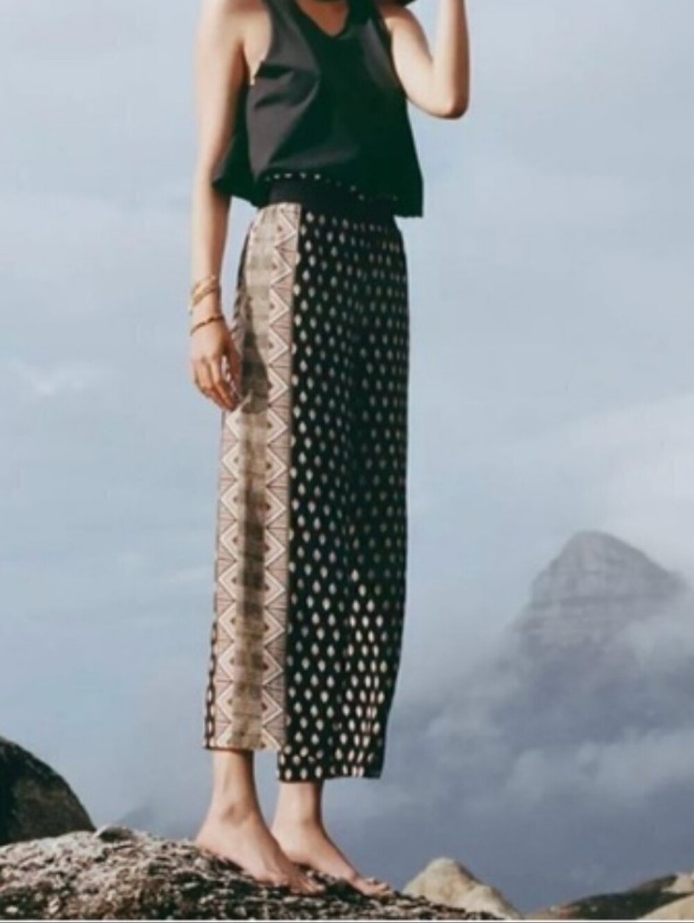 Maeve Size Small Rooibos Boho Patterned Black & Cream Wide Leg Pull On Pants